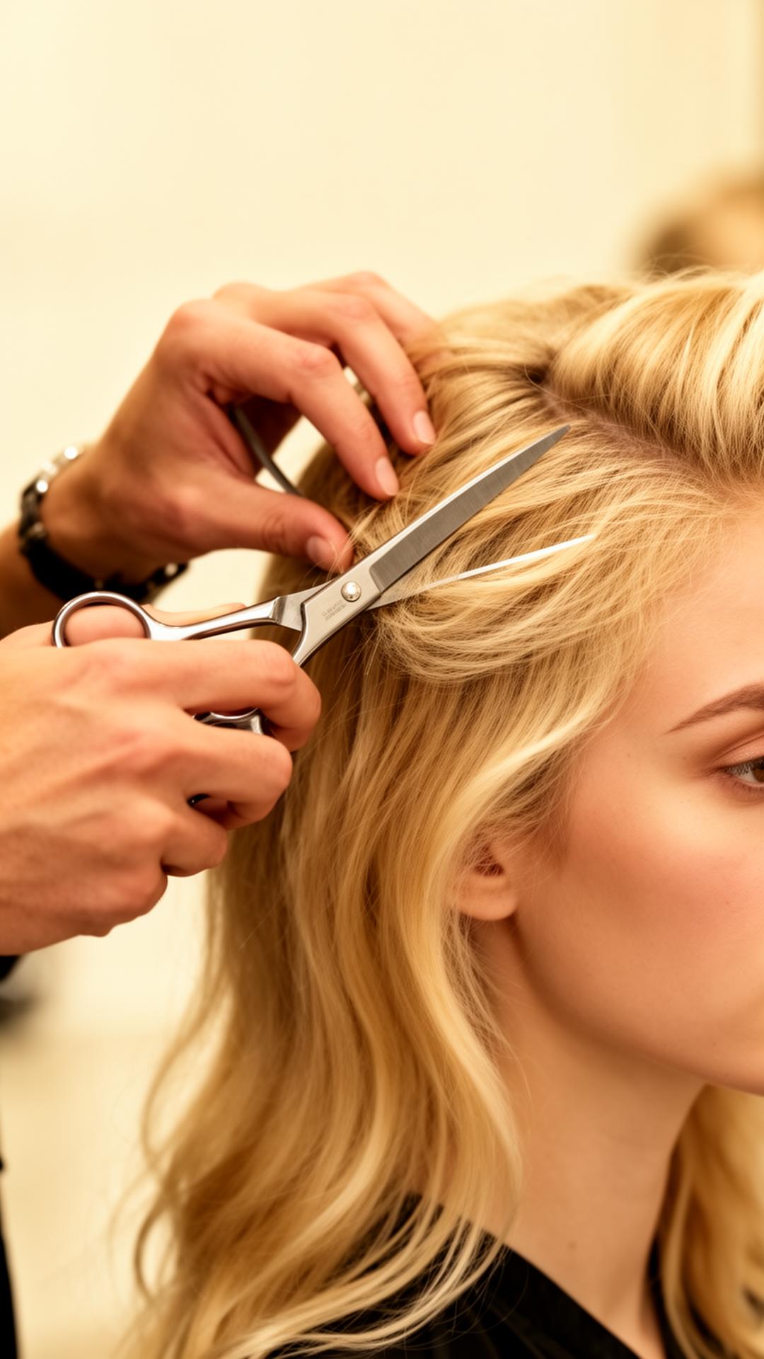Master stylist cutting blonde hair